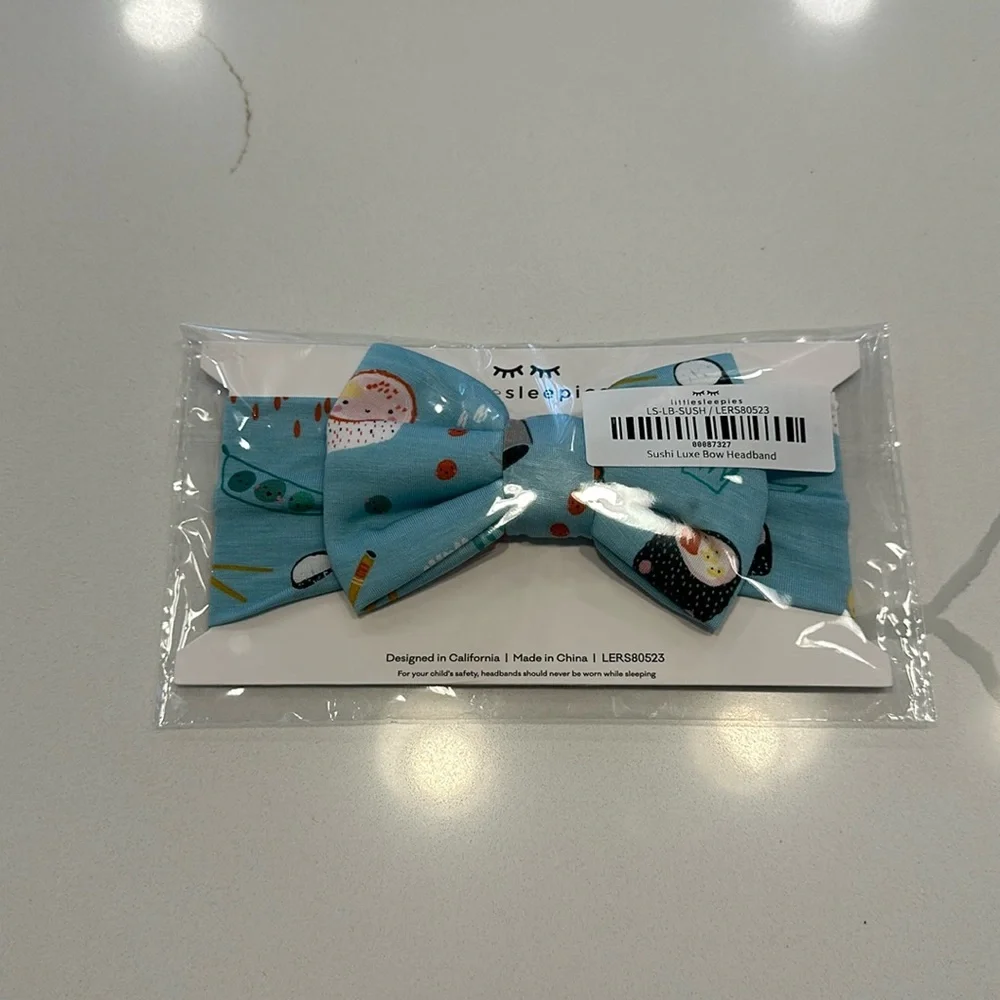 NWT little sleepies blue sushi print luxe bow headband fits size newborn - 3T